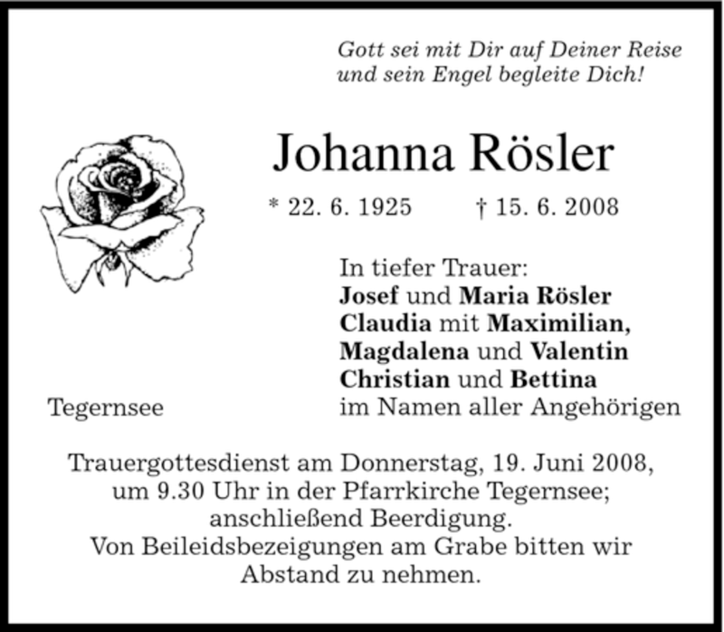 Traueranzeigen von Johanna Rösler | trauer.merkur.de