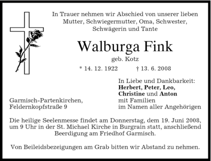  Traueranzeige für Walburga Fink vom 18.06.2008 aus MERKUR & TZ