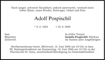 Traueranzeige von Adolf Pospischil von MERKUR & TZ