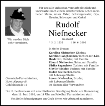 Traueranzeige von Rudolf Niefnecker von MERKUR & TZ