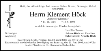 Traueranzeige von Klement Höck von MERKUR & TZ