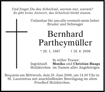 Traueranzeige von Bernhard Partheymüller von MERKUR & TZ