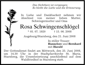 Traueranzeige von Rosa Schwingenschlögel von MERKUR & TZ