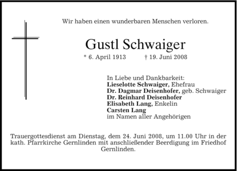  Traueranzeige für Gustl Schwaiger vom 21.06.2008 aus MERKUR & TZ