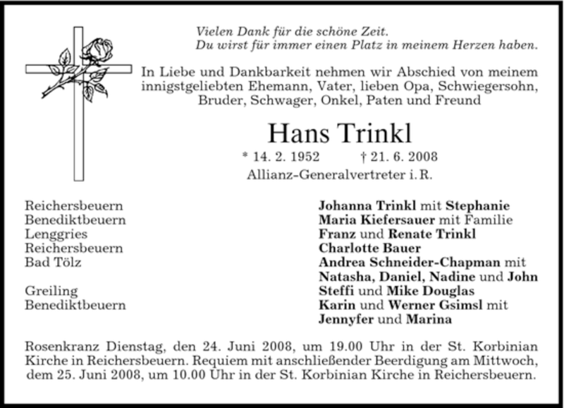  Traueranzeige für Hans Trinkl vom 23.06.2008 aus MERKUR & TZ