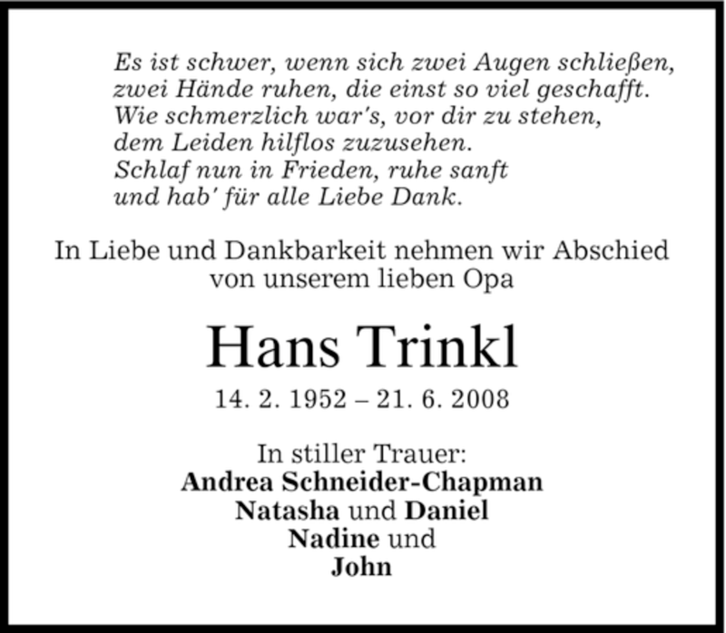  Traueranzeige für Hans Trinkl vom 24.06.2008 aus MERKUR & TZ