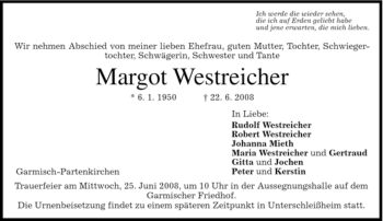 Traueranzeige von Margot Westreicher von MERKUR & TZ