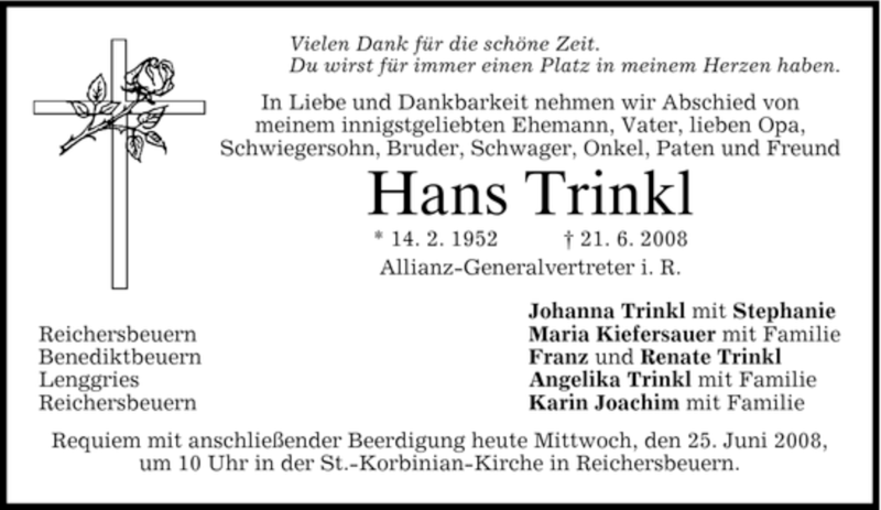  Traueranzeige für Hans Trinkl vom 25.06.2008 aus MERKUR & TZ