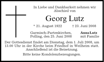 Traueranzeige von Georg Lutz von MERKUR & TZ