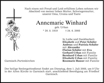 Traueranzeige von Annemarie Winhard von MERKUR & TZ