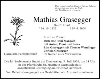 Traueranzeige von Mathias Grasegger von MERKUR & TZ