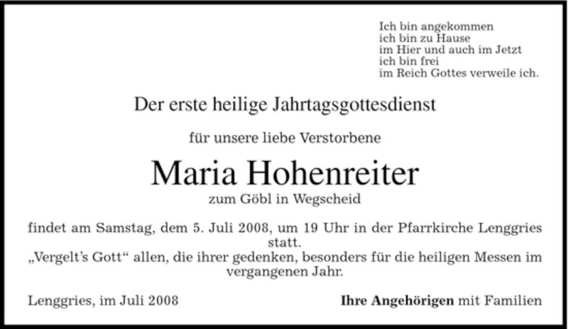 Traueranzeigen Von Maria Hohenreiter | Trauer.merkur.de