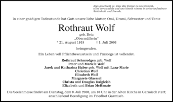 Traueranzeige von Rothraut Wolf von MERKUR & TZ