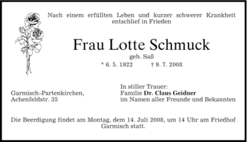 Traueranzeige von Lotte Schmuck von MERKUR & TZ