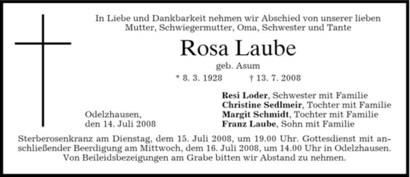  Traueranzeige für Rosa Laube vom 15.07.2008 aus HOLZKIRCHENER MERKUR