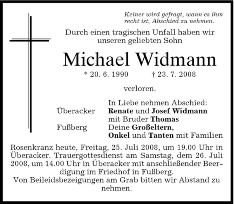  Traueranzeige für Michael Widmann vom 25.07.2008 aus MERKUR & TZ