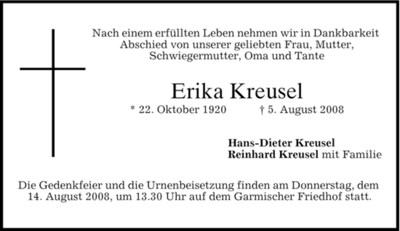  Traueranzeige für Erika Kreusel vom 12.08.2008 aus MERKUR & TZ