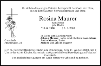 Traueranzeige von Rosina Maurer von MERKUR & TZ