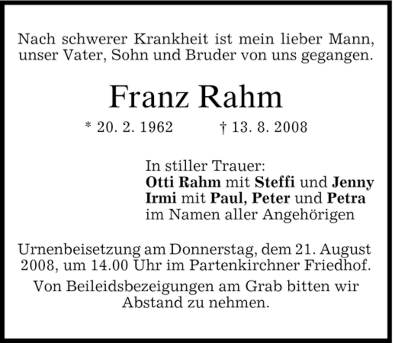  Traueranzeige für Franz Rahm vom 19.08.2008 aus MERKUR & TZ