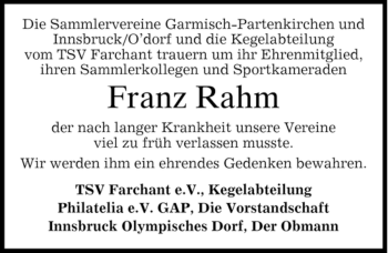 Traueranzeige von Franz Rahm von MERKUR & TZ