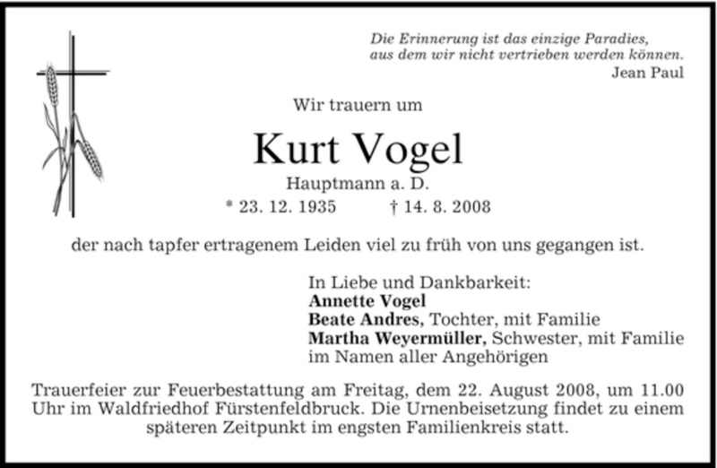  Traueranzeige für Kurt Vogel vom 19.08.2008 aus MERKUR & TZ