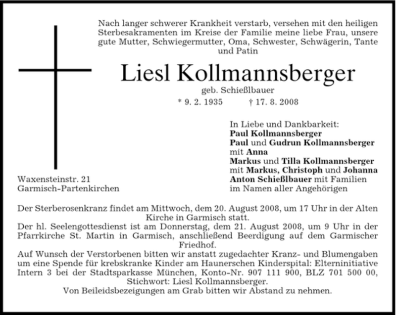  Traueranzeige für Liesl Kollmannsberger vom 19.08.2008 aus MERKUR & TZ