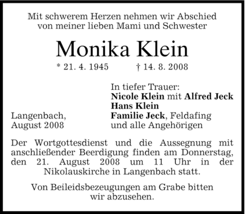  Traueranzeige für Monika Klein vom 19.08.2008 aus MERKUR & TZ