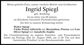 Traueranzeige von Ingrid Spiegl von GARMISCH-PARTENK. TAGBLATT