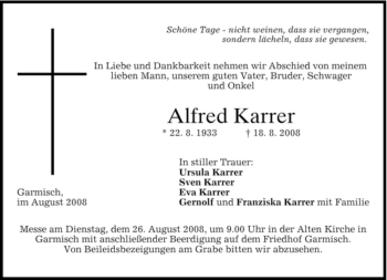 Traueranzeige von Alfred Karrer von MERKUR & TZ