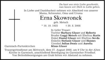 Traueranzeige von Erna Skowronek von MERKUR & TZ