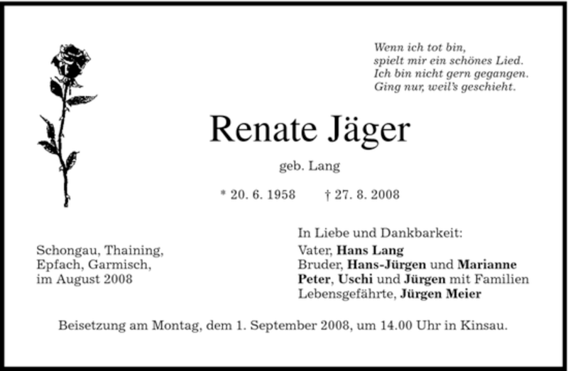  Traueranzeige für Renate Jäger vom 29.08.2008 aus MERKUR & TZ