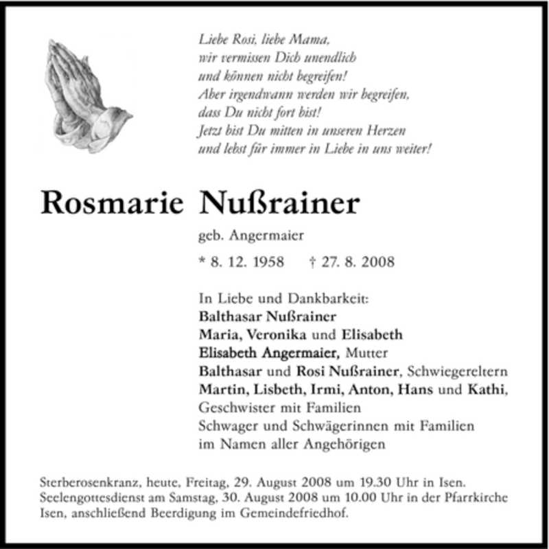  Traueranzeige für Rosmarie Nußrainer vom 29.08.2008 aus MERKUR & TZ