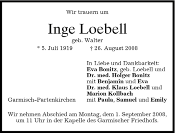 Traueranzeige von Inge Loebell von MERKUR & TZ