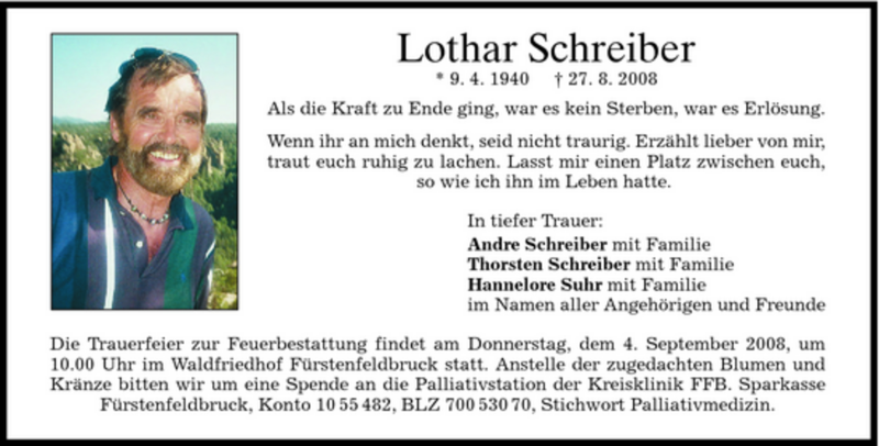  Traueranzeige für Lothar Schreiber vom 01.09.2008 aus MERKUR & TZ