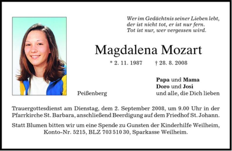  Traueranzeige für Magdalena Mozart vom 01.09.2008 aus MERKUR & TZ