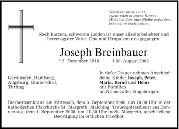 Traueranzeige von Joseph Breinbauer von MERKUR & TZ