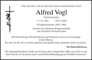 Traueranzeige von Alfred Vogl von MERKUR & TZ