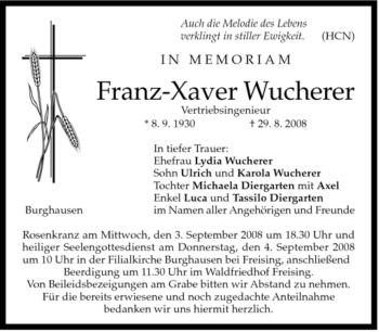 Traueranzeige von Franz-Xaver Wucherer von DORFENER NACHRICHTEN