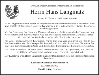 Traueranzeige von Hans Langmatz von MERKUR & TZ