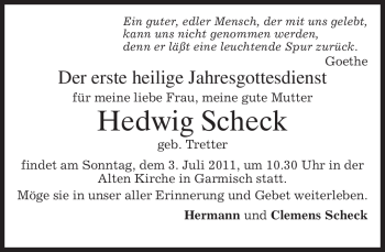 Traueranzeige von Hedwig Scheck von MERKUR & TZ