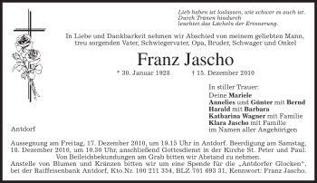 Traueranzeige von Franz Jascho von MERKUR & TZ