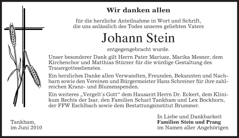  Traueranzeige für Johann Stein vom 19.06.2010 aus MERKUR & TZ