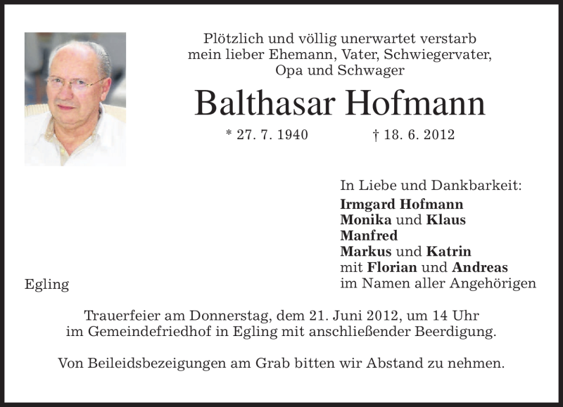  Traueranzeige für Balthasar Hofmann vom 20.06.2012 aus MERKUR & TZ