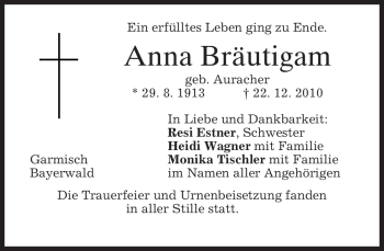 Traueranzeige von Anna Bräutigam von MERKUR & TZ