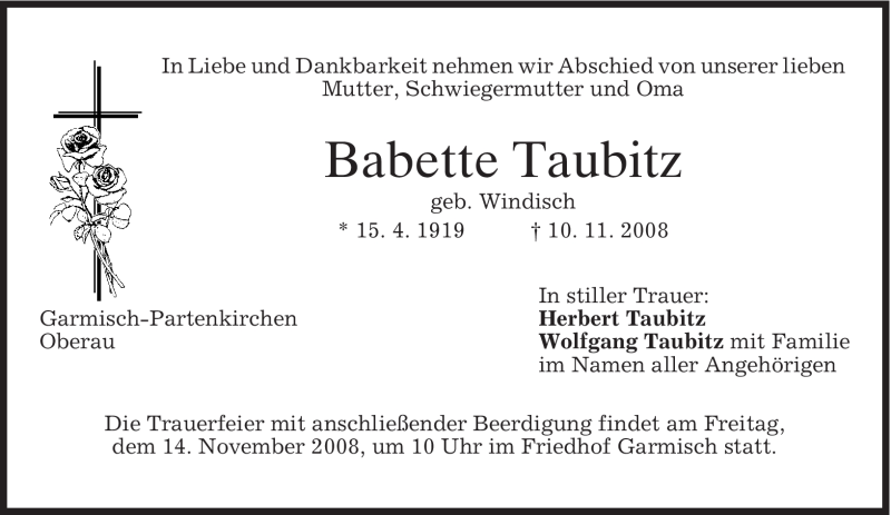  Traueranzeige für Babette Taubitz vom 13.11.2008 aus MERKUR & TZ