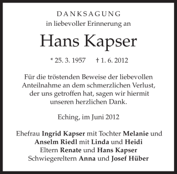 Traueranzeige von Hans Kapser von MERKUR & TZ