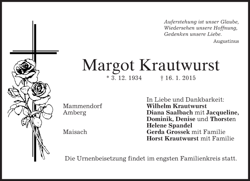  Traueranzeige für Margot Krautwurst vom 21.01.2015 aus merkurtz