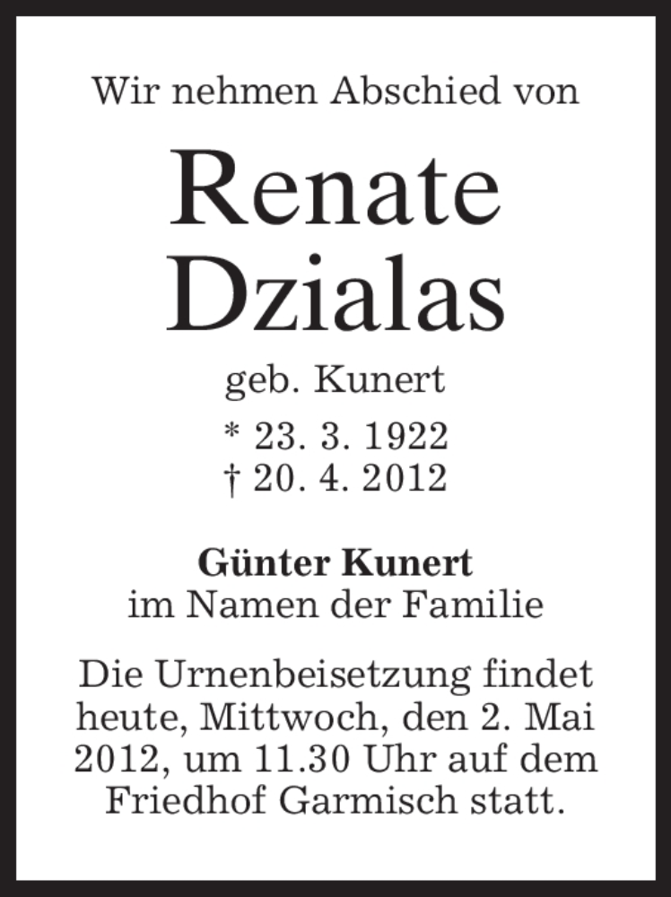 Traueranzeige für Renate Dzialas vom 02.05.2012 aus MERKUR & TZ