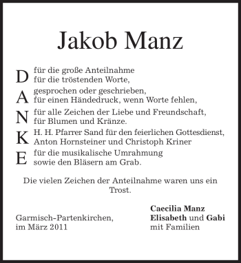 Traueranzeige von Jakob Manz von MERKUR & TZ