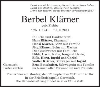 Traueranzeige von Berbel Klärner von MERKUR & TZ